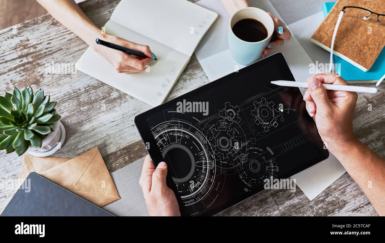 Engineering diagram on device screen. Technology and automation concept Stock Photo