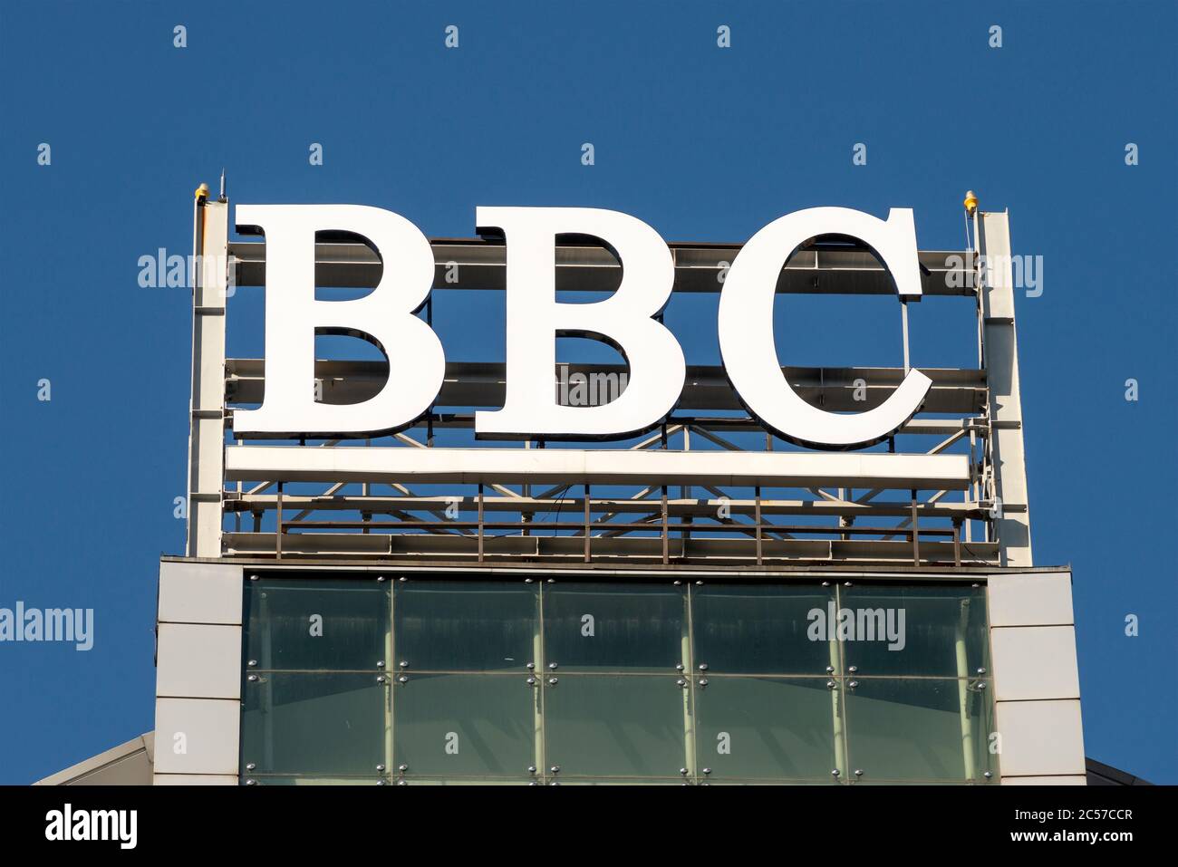 Benchmark Business Center sign and logo on glass office building in Sofia Bulgaria as seen in June 2020 Stock Photo