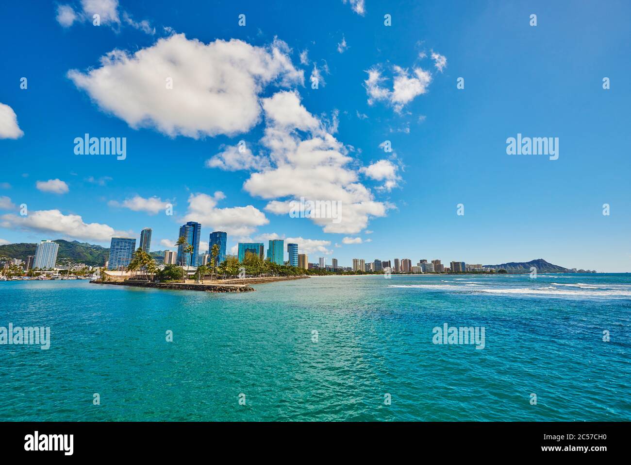 Landscape with tall buildings on the beach, Honolulu, Hawaiian Island
