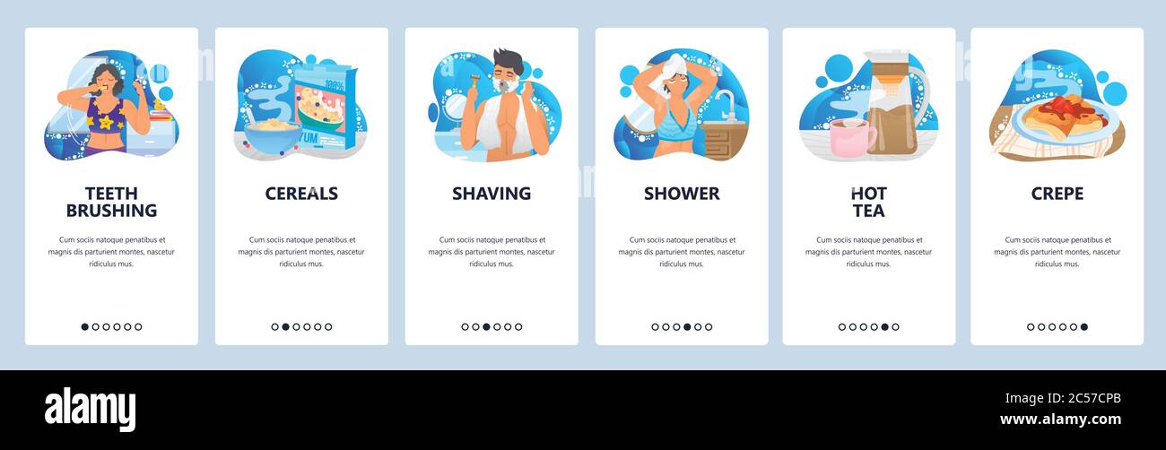 Morning routine website and mobile app onboarding screens vector ...