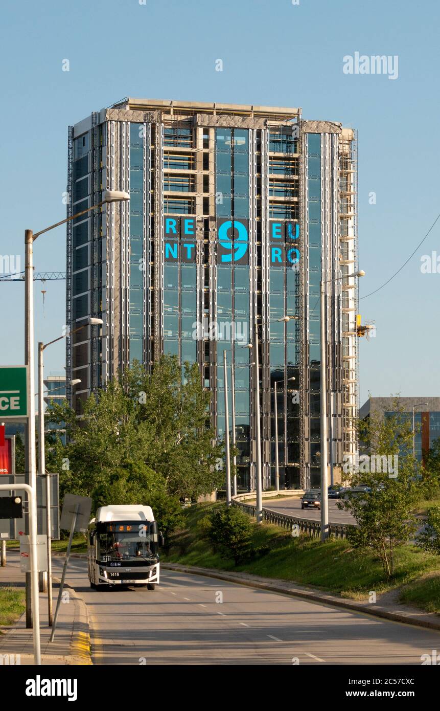 Rent 9 Euro large text sign is written on office building construction site as future office space renting out advertisement in Sofia Bulgaria Stock Photo