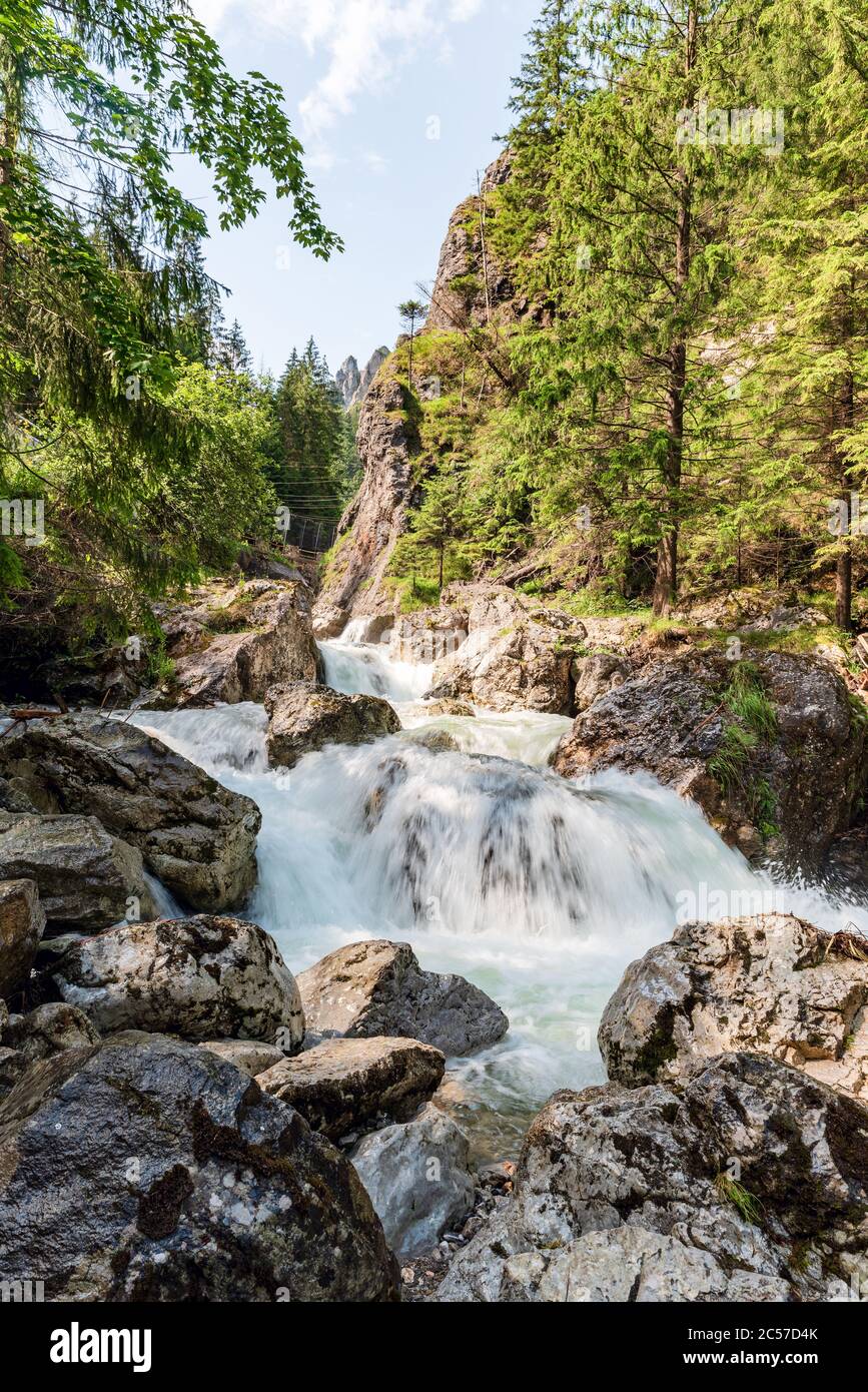 Wild Varinka river with cascades, big stones and rocks on the background in lower parf of Vratna dolina valley in Mala Fatra mountains near Terchova v Stock Photo