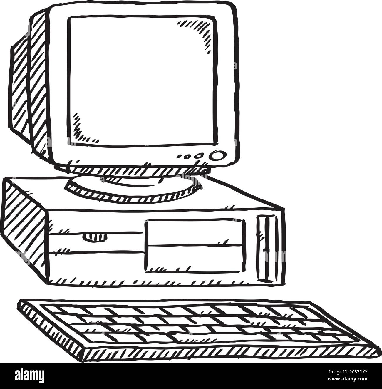 Black and white doodle of retro computer. Hand drawn doodle vector illustration. Stock Vector