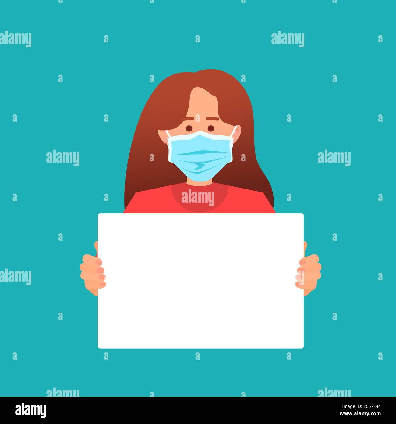 Woman in protective medical mask holding protest poster on green background. Rights and freedom concept, strike Stock Vector