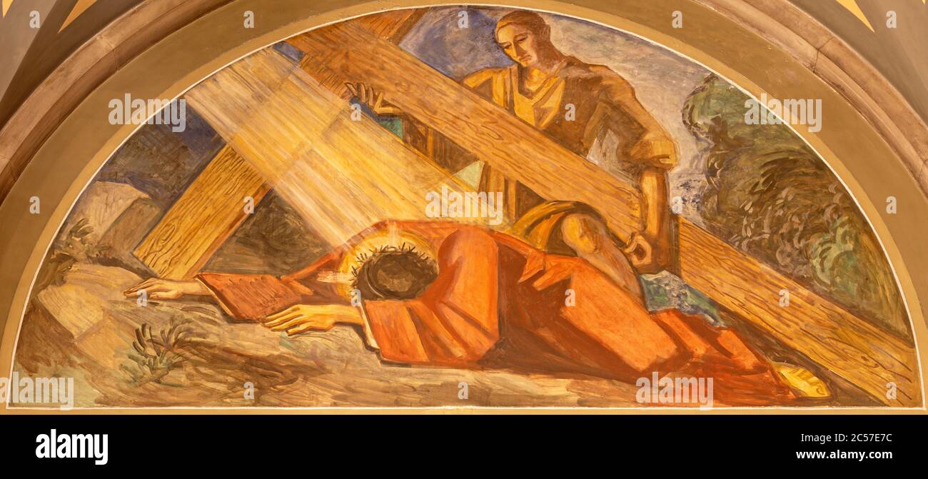 BARCELONA, SPAIN - MARCH 3, 2020: The fresco of Jesus fall under the cross in the church Santuario Nuestra Senora del Sagrado Corazon. Stock Photo