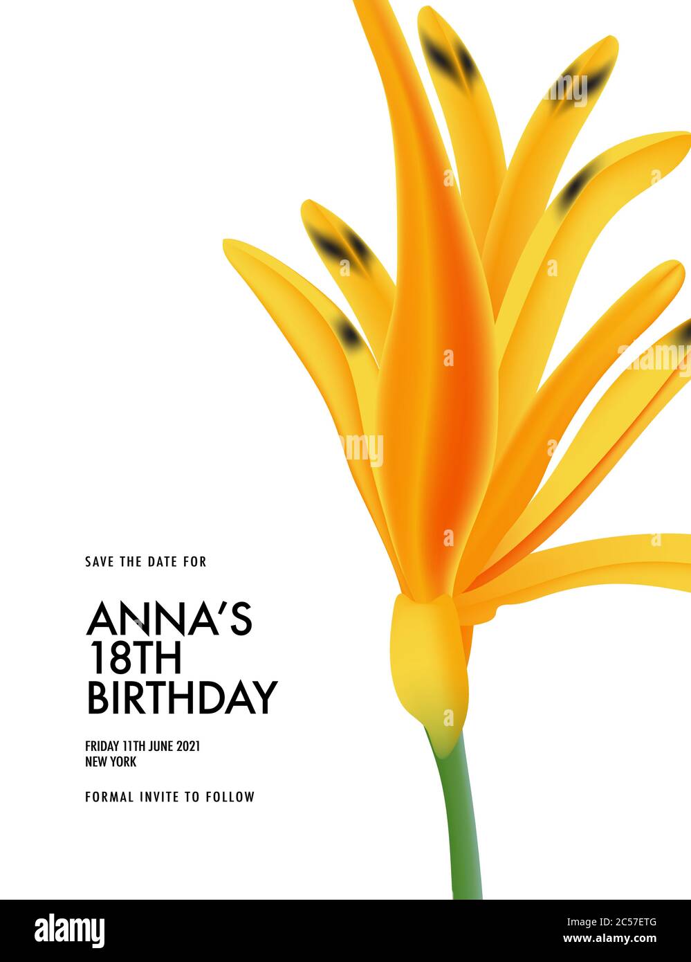 Flower summer birthday template card. Hawaiian Heliconia psittacorum