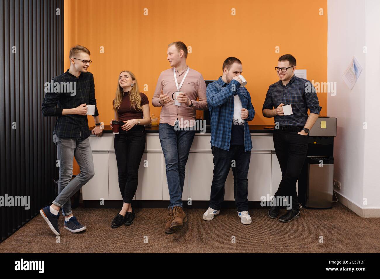 Happy Diverse Colleagues Have Fun At Lunch Break In Office Smiling