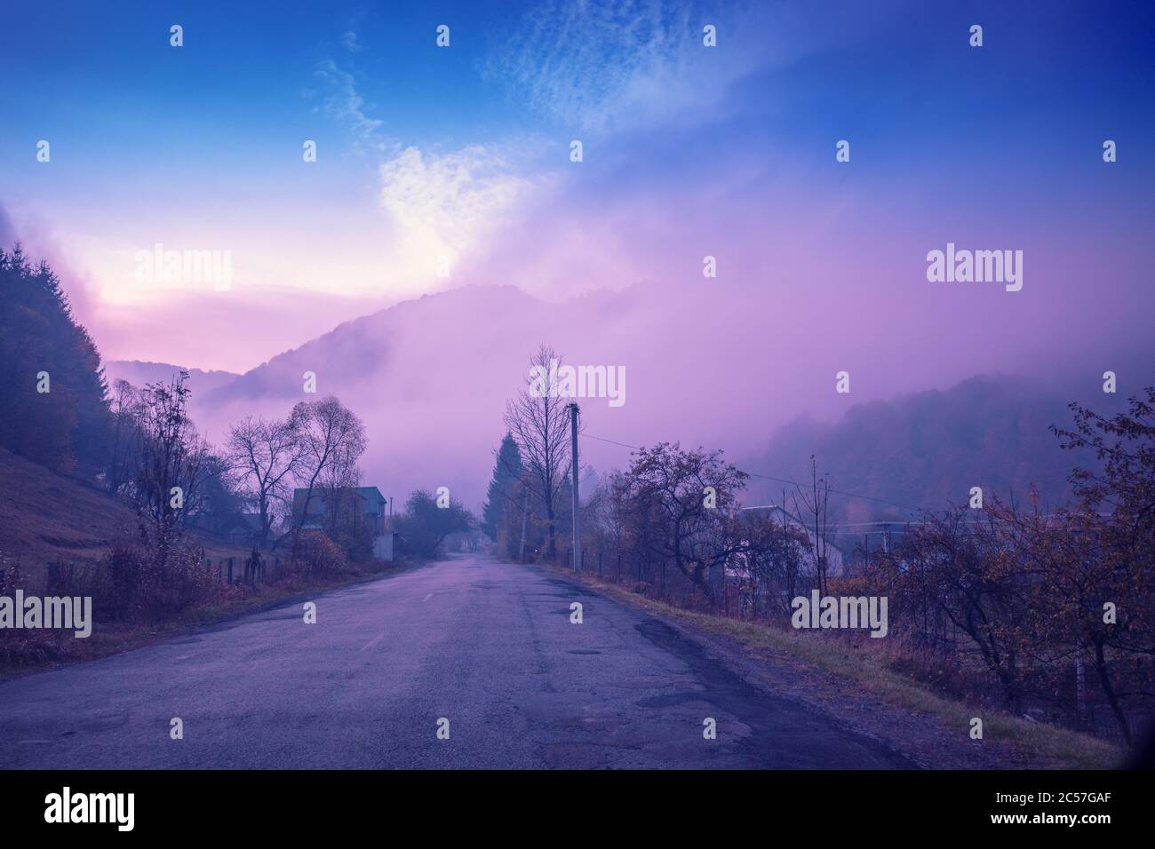 Misty forest village road hi-res stock photography and images - Alamy