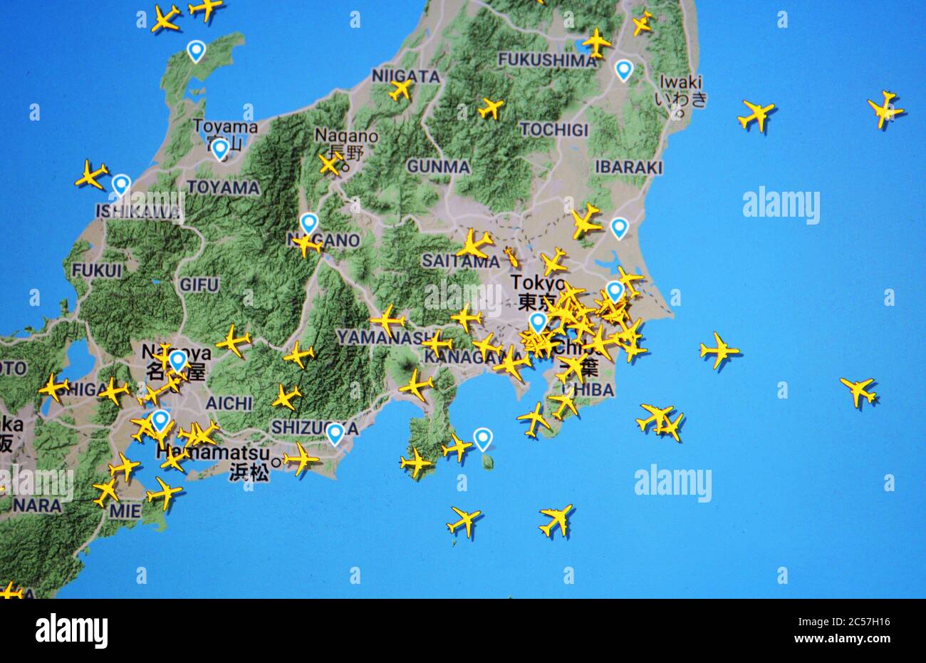 air traffic over Tokyo region, Japan (01 july, 2020, UTC 08.42 )  on Internet, with Flightradar 24 site by Svenska Resenätverket AB Stock Photo