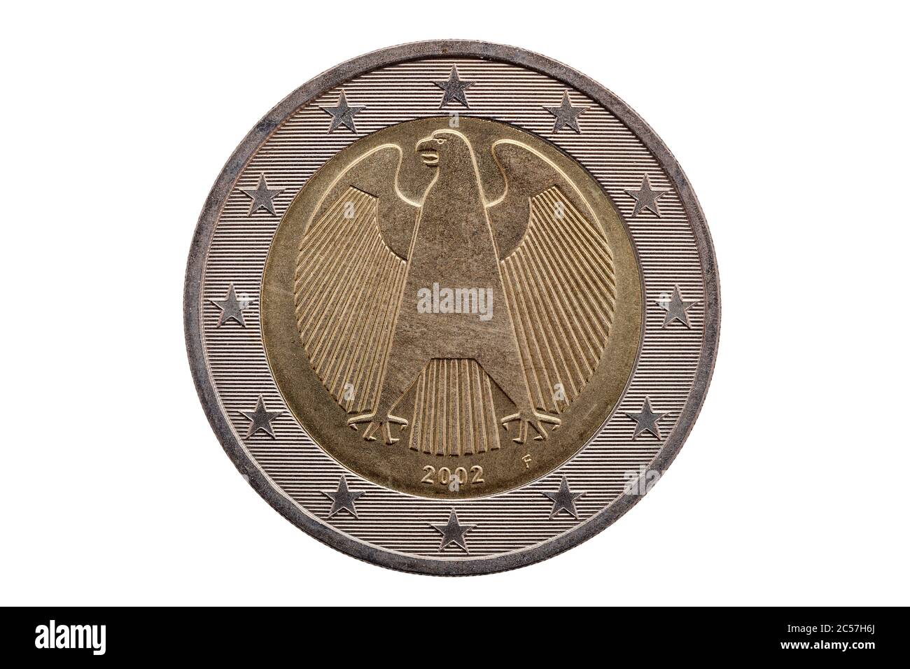 Reverse side of a Two Euro coin of Germany dated 2002 which shows the German eagle cut out and isolated on a white background Stock Photo