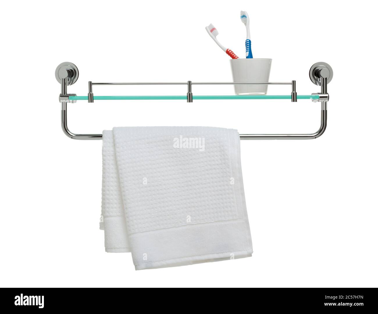 bathroom shelf and towel rail with glass, toothbrushes and hanging