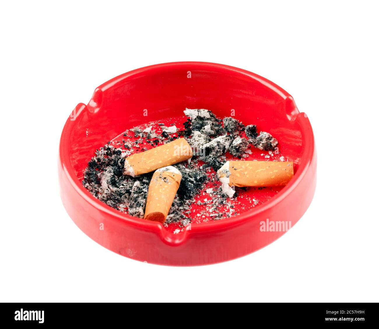 red ashtray containing three cigarette butts and ashes, isolated on