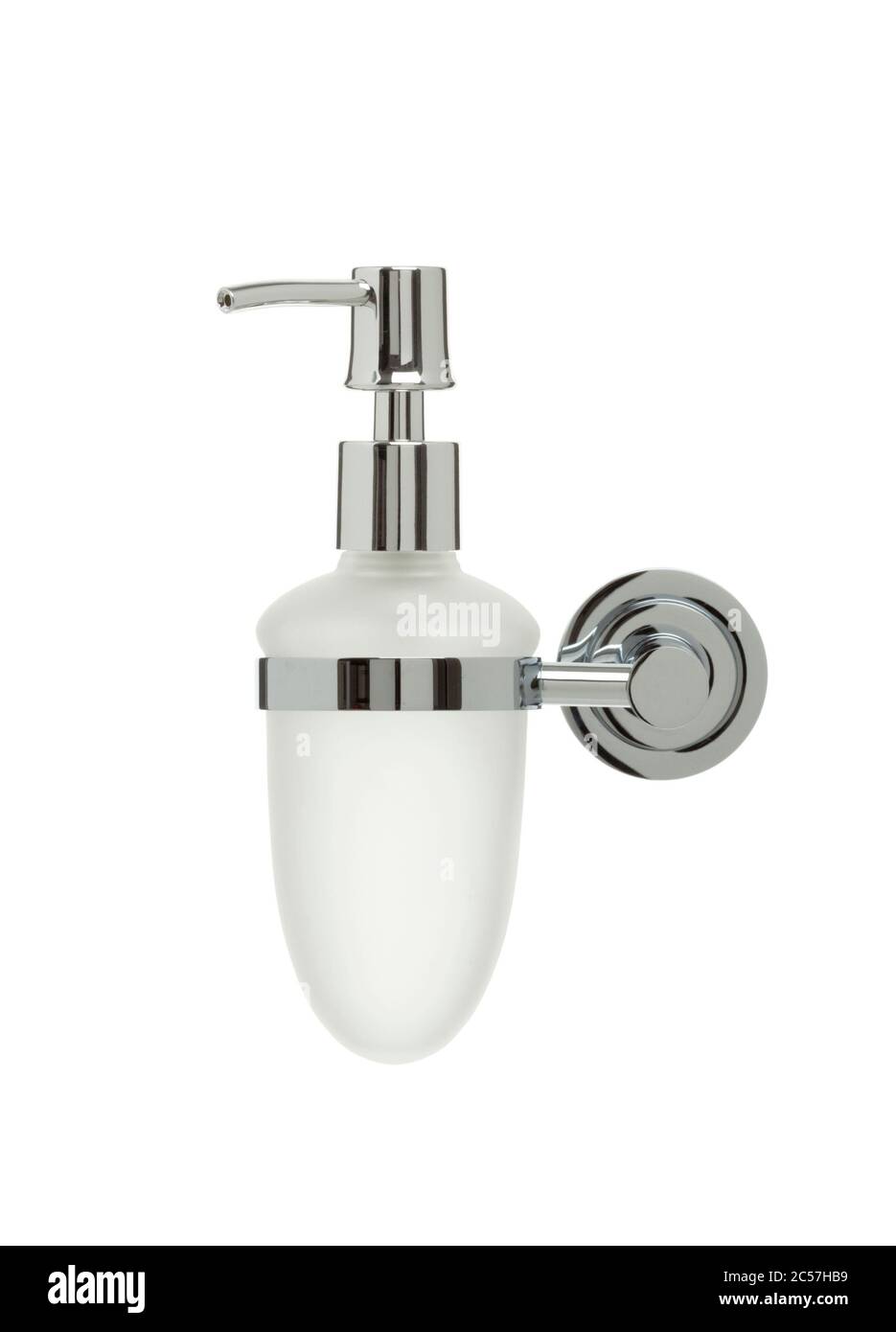 Frosted glass liquid soap dispenser in chrome plated holder isolated on