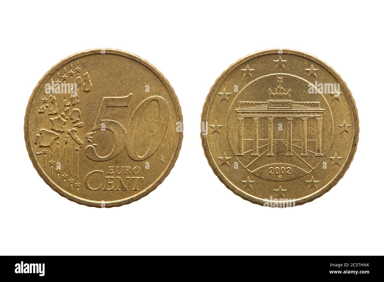 Fifty cent euro coin of Germany dated 2002 showing the Brandenburg Gate on  the reverse cut out and isolated on a white background Stock Photo - Alamy