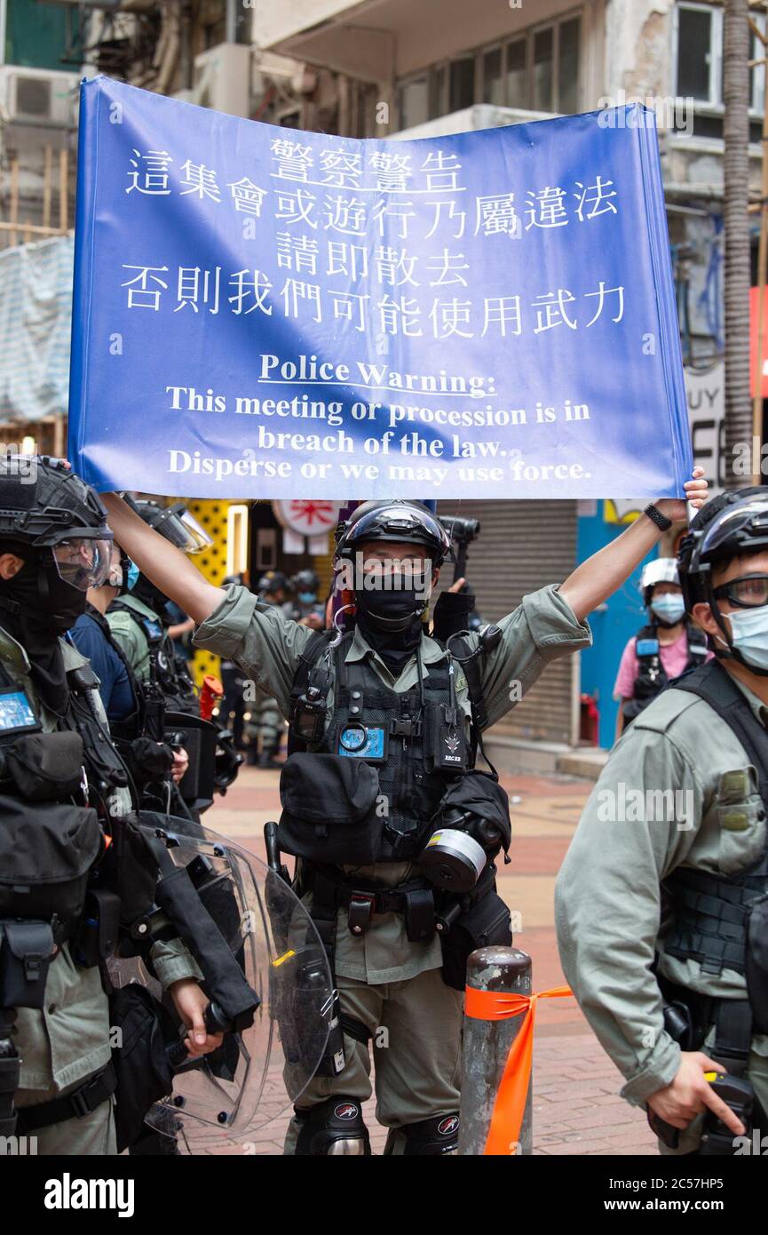 Hong Kong, Hong Kong, China. 1st July, 2020. Hong Kong Special Administrative Region Establishment Day. Twenty-three years after Hong Kong was handed by Britain back to Chinese rule, Beijing is pushing to implement tough new national security laws that will suppress the pro-democracy protests seen in the city.It will shatter the Sino-British Joint Declaration where China agreed to the One country, Two systems government.The banning of traditional marches for the first time, has infuriated the public. Credit: Jayne Russell/ZUMA Wire/Alamy Live News Stock Photo