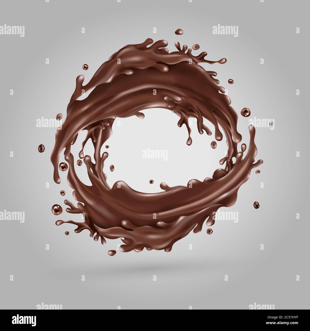 Liquid chocolate splashes circle on a gray background Stock Vector