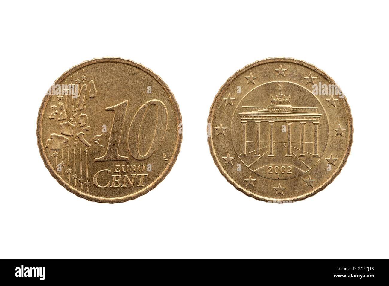 Ten cent euro coin of Germany dated 2002 showing the Brandenburg Gate of  Berlin on the reverse cut out and isolated on a white background Stock  Photo - Alamy