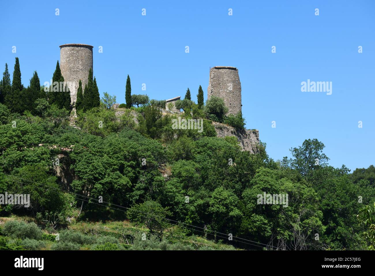 Ruined Stone Towers of Castle or Château de Pontevès or Ponteves Var Provence France Stock Photo