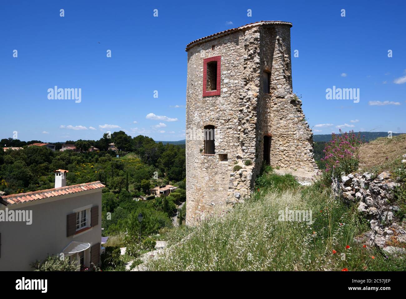 Ruined Stone Tower of Castle or Château de Pontevès or Ponteves Var Provence France Stock Photo