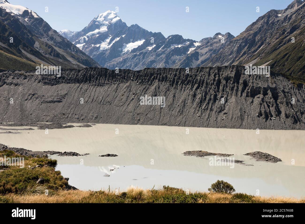 Mueller Lake and glacial moraine looking towards Mount Cook, Aoraki Mount Cook National Park, South Island, New Zealand Stock Photo