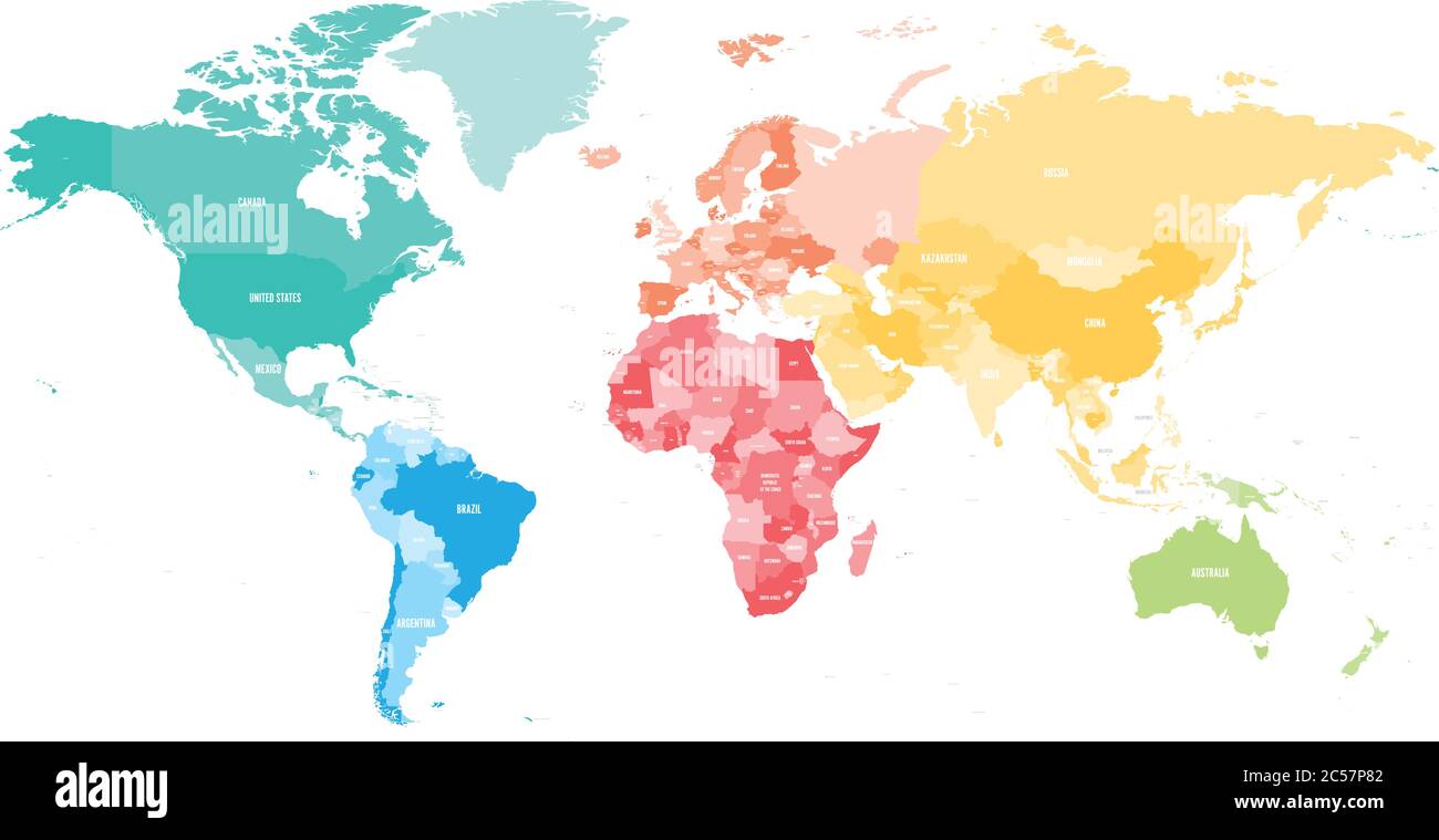 Colorful political map of World divided into six continent with country name labels. Vector map 
