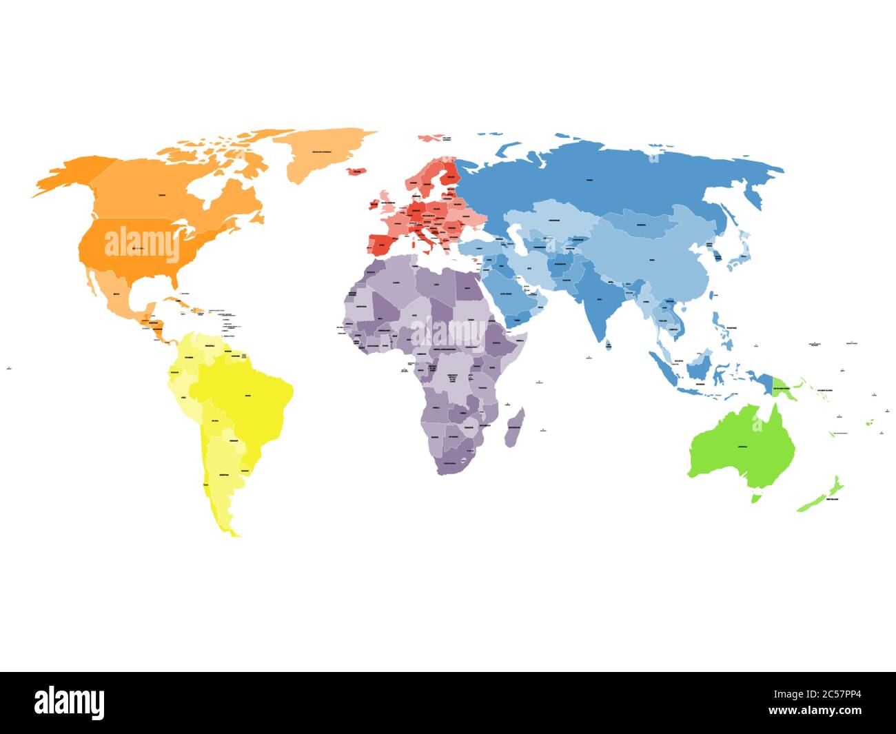 Colored political world map with names of sovereign countries and larger dependent territories