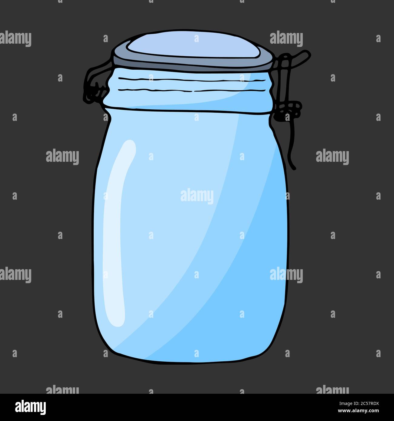 Colorful hand drawn jar. Contour sketch. Cartoon kitchen objects doodle style. Vector illustration isolated on dark background. Alchemy and vintage. Stock Vector