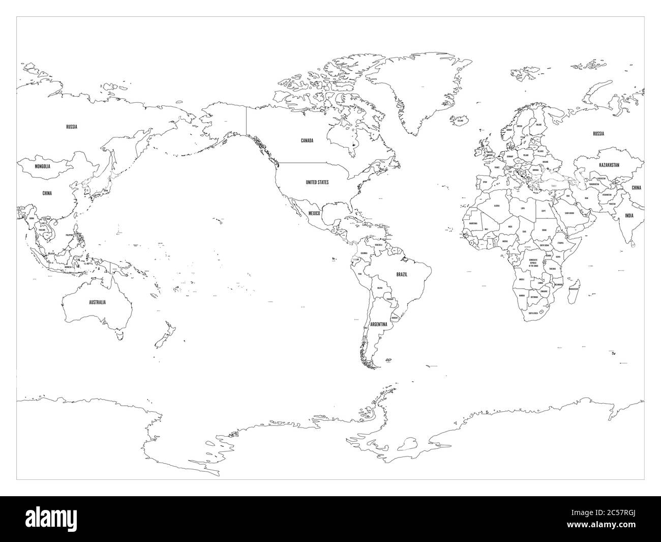 World map country border outline on white background. With country name labels. America centered map of World. Vector illustration. Stock Vector