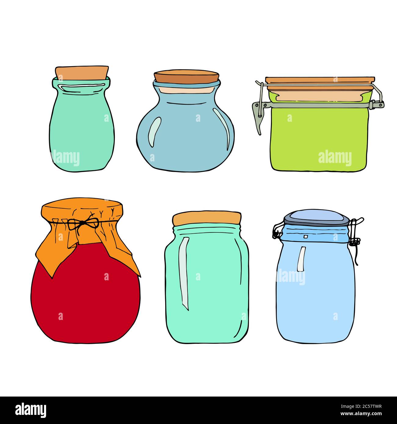 Colorful hand drawn jar set. Contour sketch. Cartoon kitchen objects doodle style. Vector illustration isolated on white background. Stock Vector