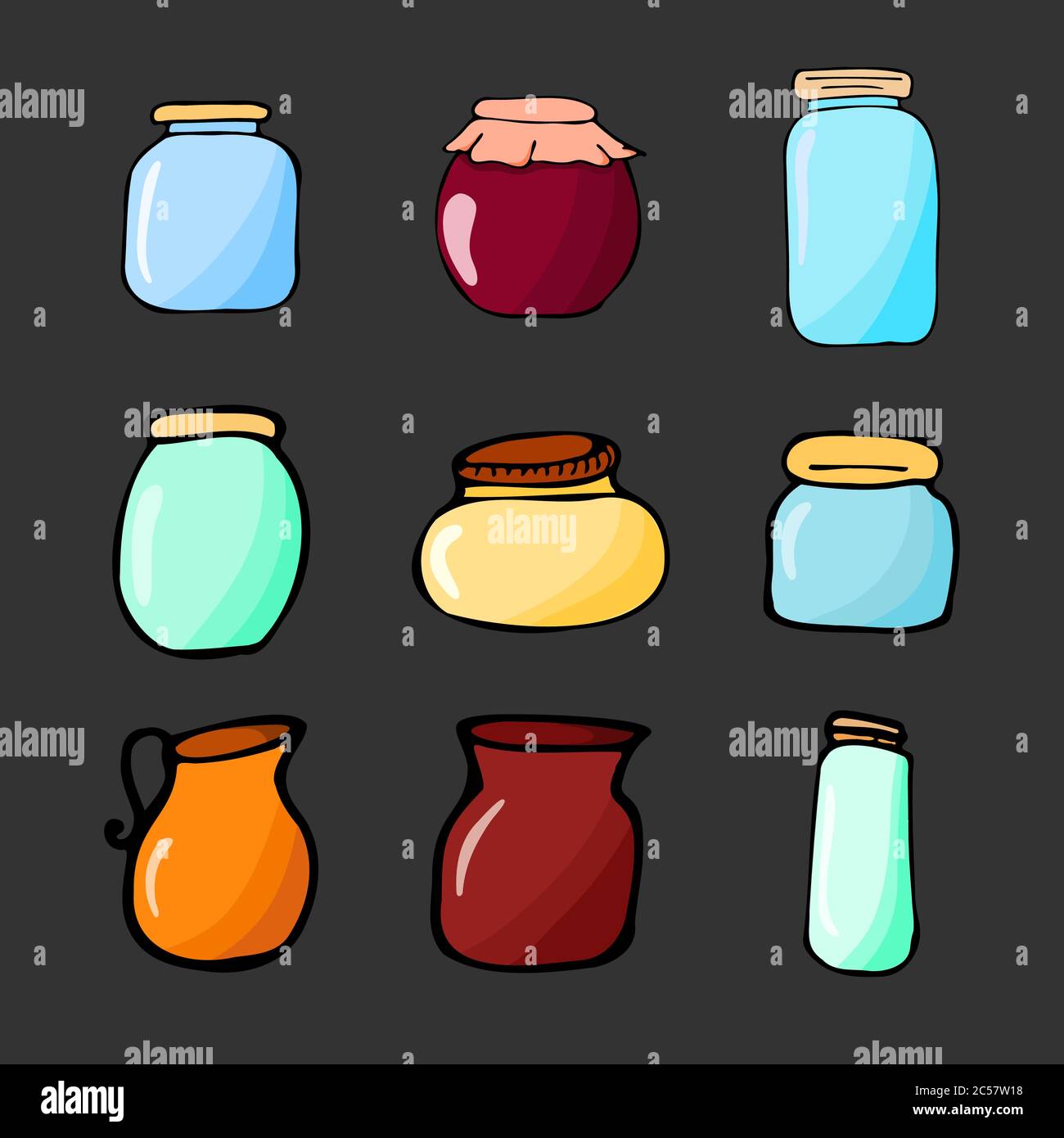 Colorful hand drawn jar set. Contour sketch. Cartoon kitchen objects doodle style. Vector illustration isolated on dark background. Stock Vector