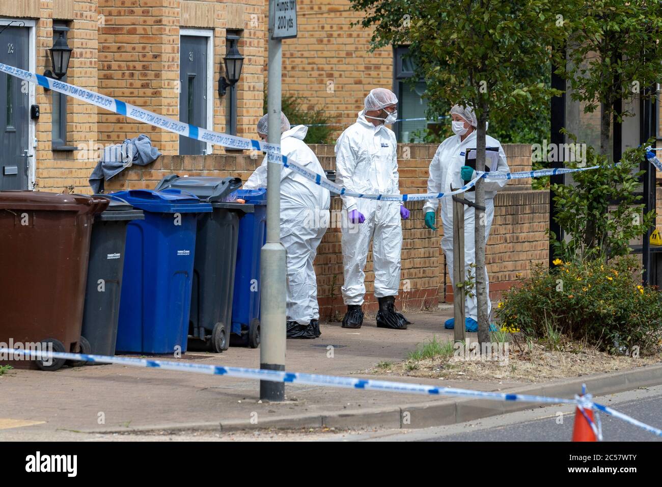 Essex, UK. 1st July 2020. Three men have been arrested on suspicion of attempted murder in South Ockendon after a man was attacked with a 'large knife' early this morning. Blood can be seen on a nearby bus stop and a silver/grey Vauxhall Astra has been removed from the scene by police. Ricci Fothergill/Alamy Live News Stock Photo
