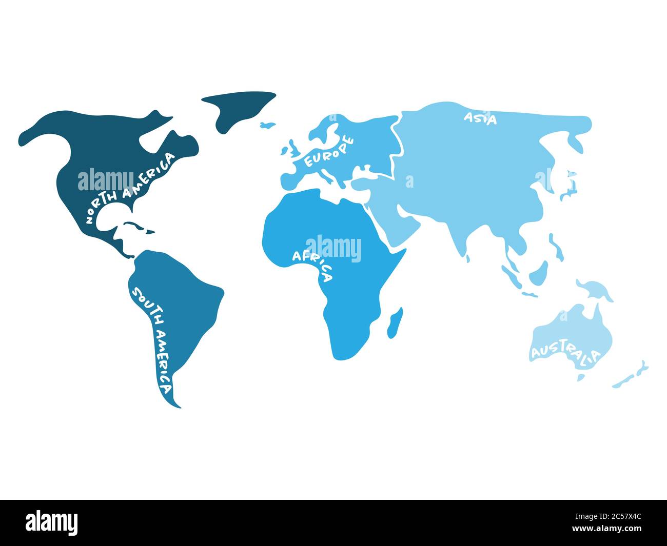 Multicolored world map divided to six continents in different colors - North America, South America, Africa, Europe, Asia and Australia Oceania. Simplified silhouette blank vector map with labels. Stock Vector