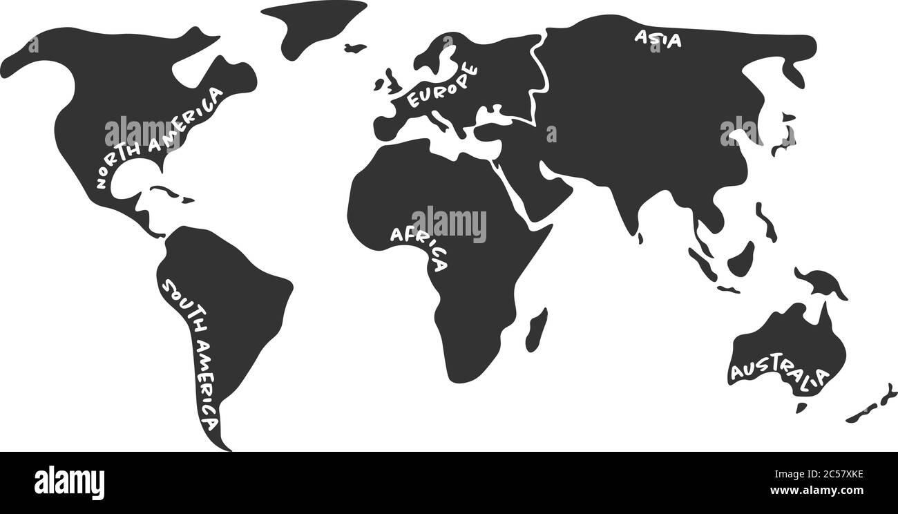 World map divided to six continents in dark grey - North America, South America, Africa, Europe, Asia and Australia Oceania. Simplified silhouette vector map with continent name labels curved by borders. Stock Vector