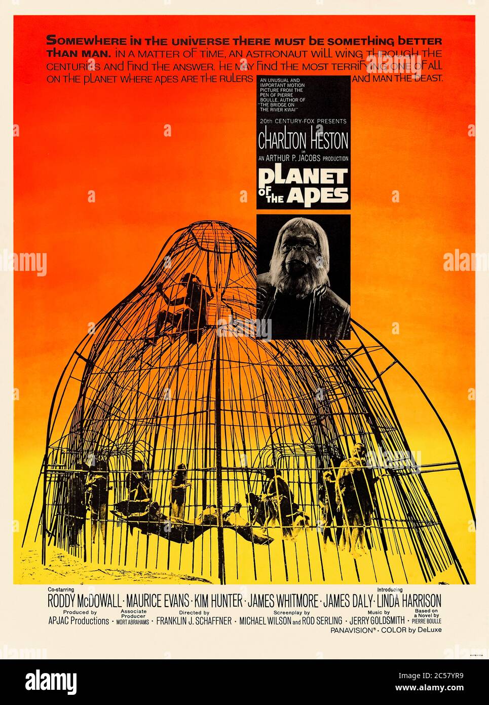 Planet of the Apes (1968) directed by Franklin J. Schaffner and starring Charlton Heston, Roddy McDowall, Kim Hunter and Maurice Evans. Classic sci-fi with possibly the most memorable ending ever about an upside down world where the apes are on top. Stock Photo