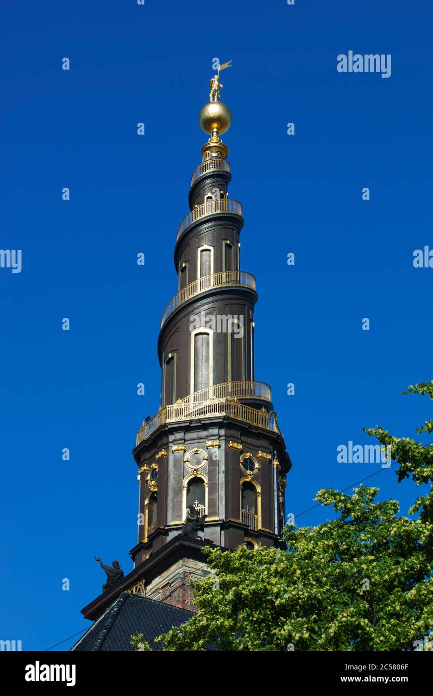 Vor Frelsers Kirke twisted tower, built in 1749 Stock Photo