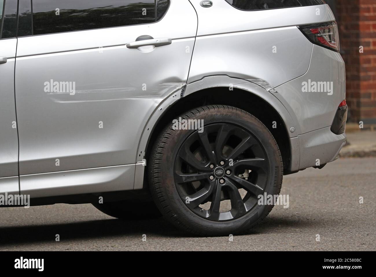 Damage visible on the rear of Dominic Cumming's Land Rover Discovery as it is parked in Downing Street, London. Stock Photo