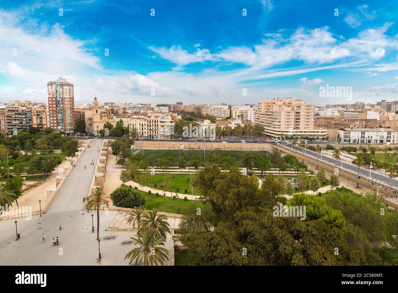 Panoramic aerial view of Turia gardens in Valencia in a beautiful