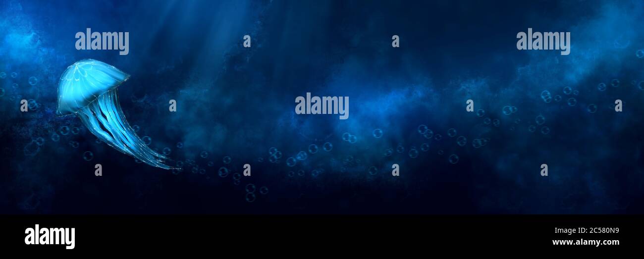 Glowing jellyfish underwater. Digital Artwork. Deep blue colors Stock ...