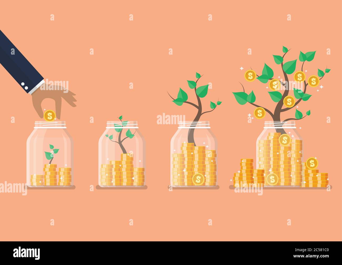 Step of Hand saving coins in glass jars with money trees. Flat style ...