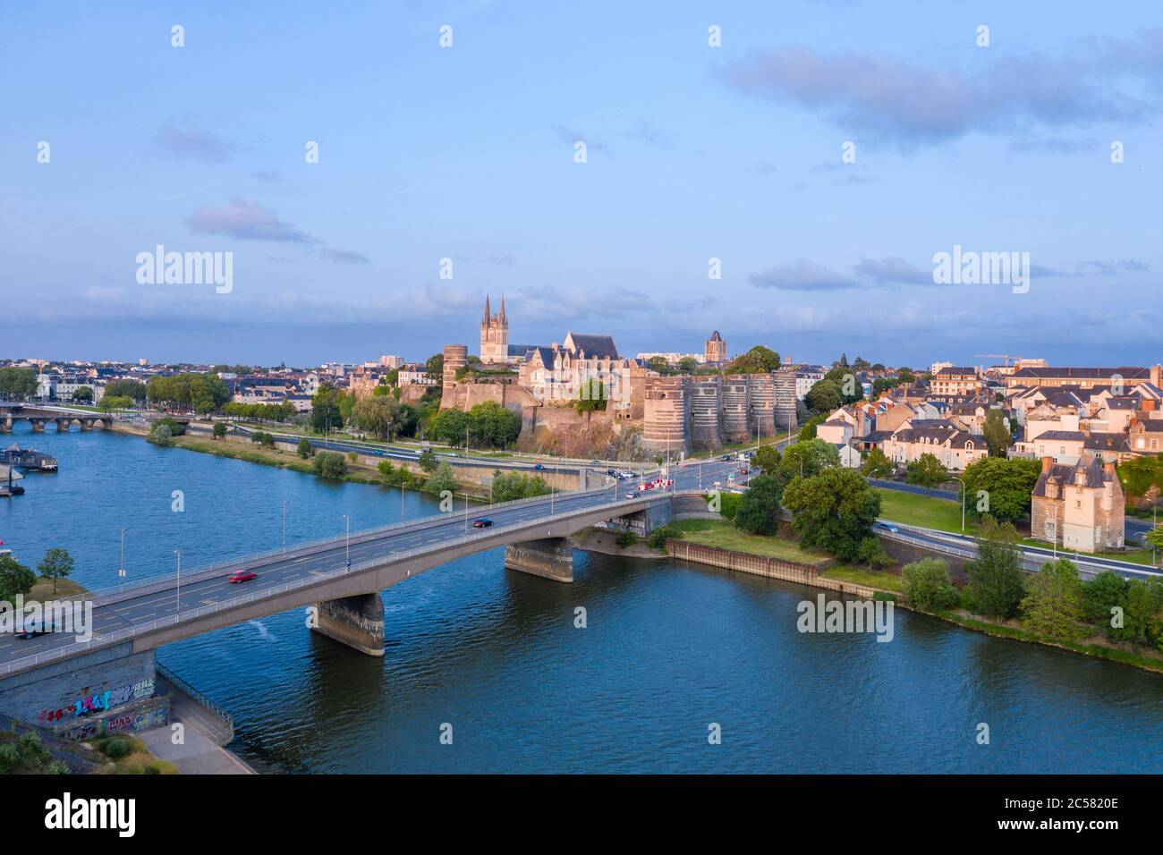France, Maine et Loire, Angers, Pont de la Basse Chaine over the Maine River and Chateau d'Angers (aerial view) // France, Maine-et-Loire (49), Angers Stock Photo