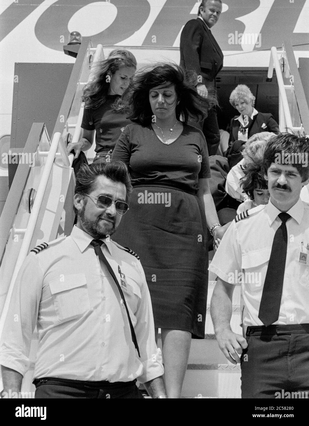 Greek socialite and business woman and heiress to the Onassis fortune Christina Onassis arriving at London's Heathrow Airport in July 1983. Stock Photo