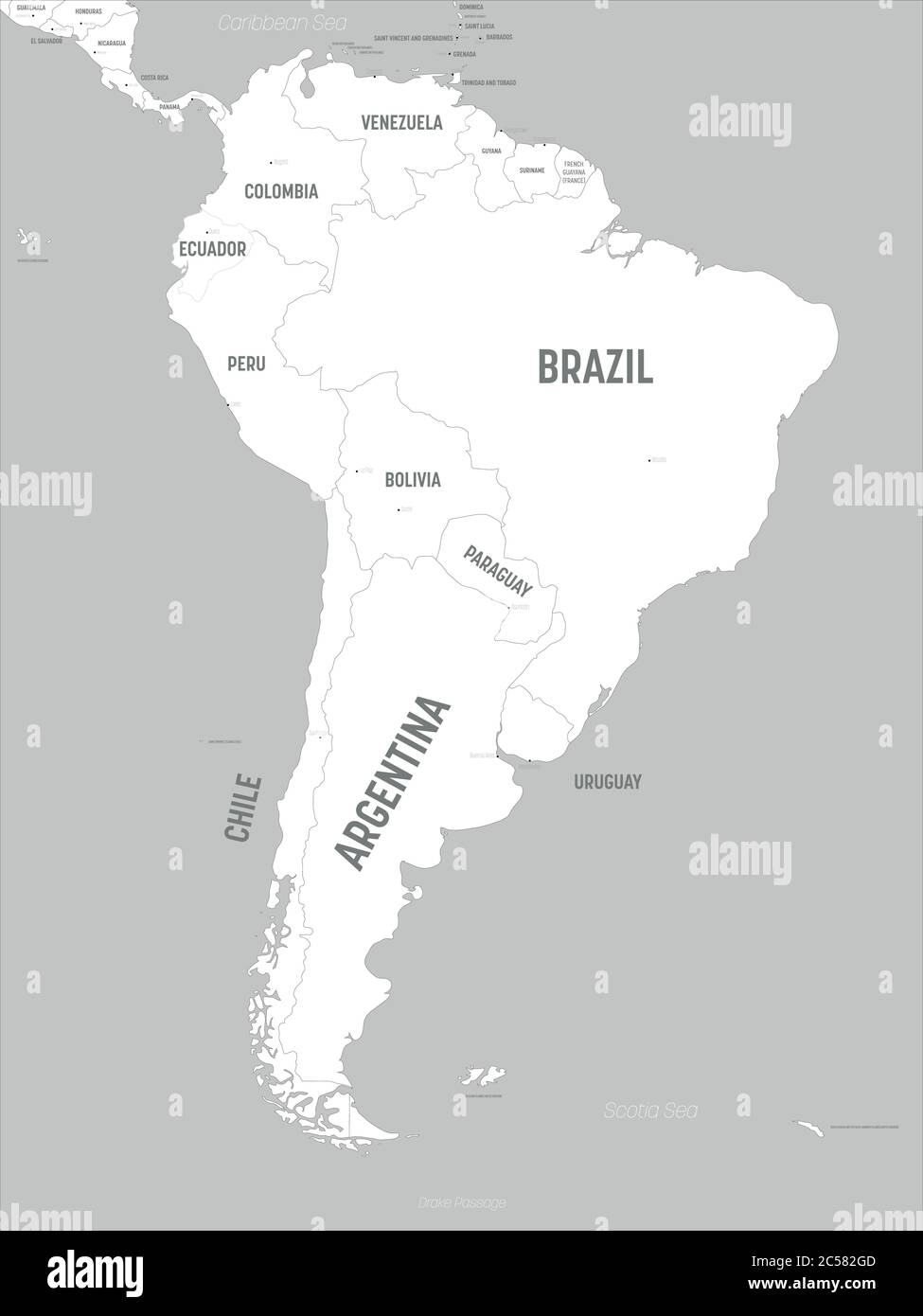South America map - white lands and grey water. High detailed political map South American continent with country, capital, ocean and sea names labeling. Stock Vector