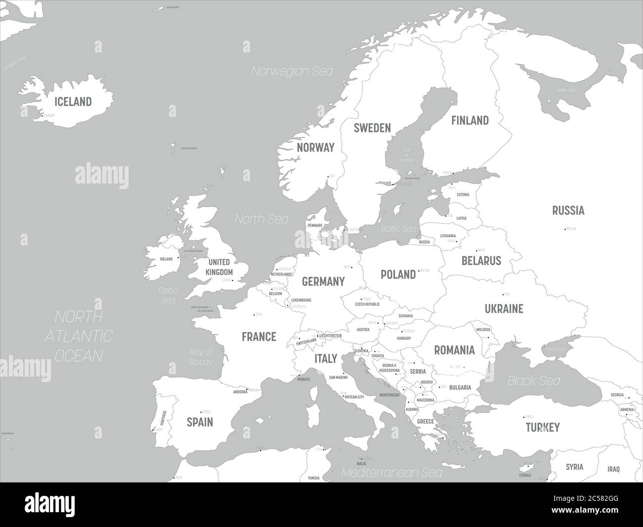 Europe map - white lands and grey water. High detailed political map of european continent with country, capital, ocean and sea names labeling. Stock Vector