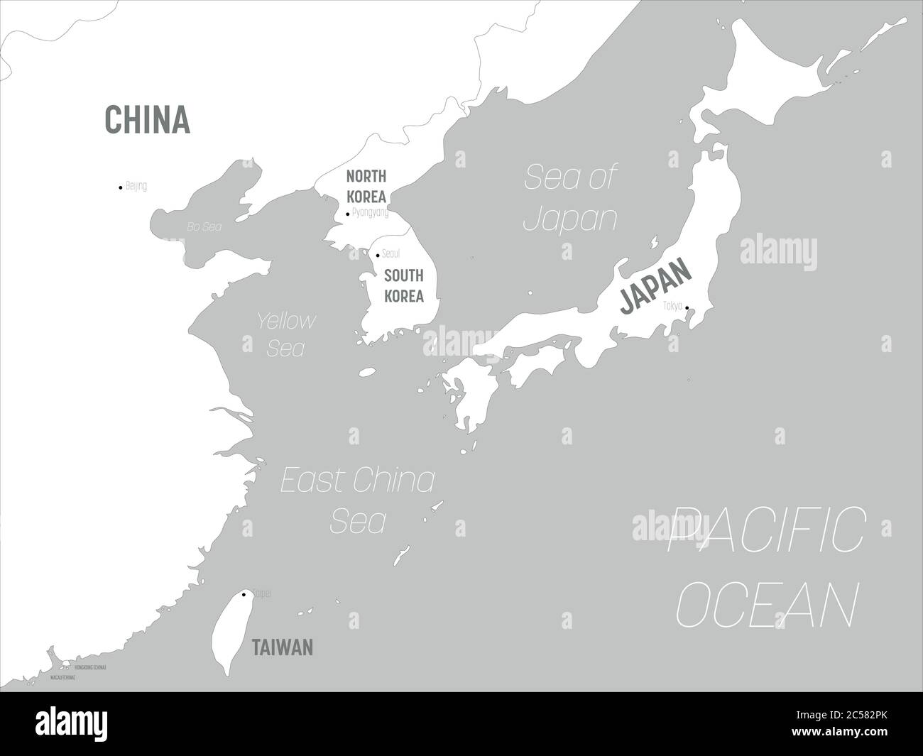 East Asia Blank Political Map East Asia Map White Lands And Grey Water High Detailed Political Map Of Eastern Region With Country Capital Ocean And Sea Names Labeling 2C582PK