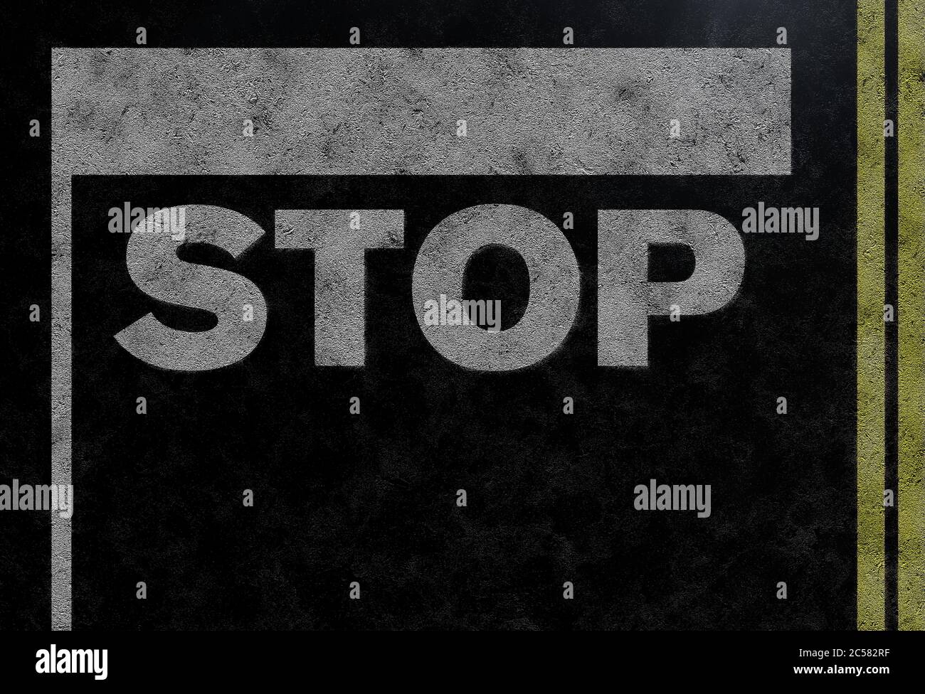 above view of word STOP and stop bar on asphalt road Stock Photo