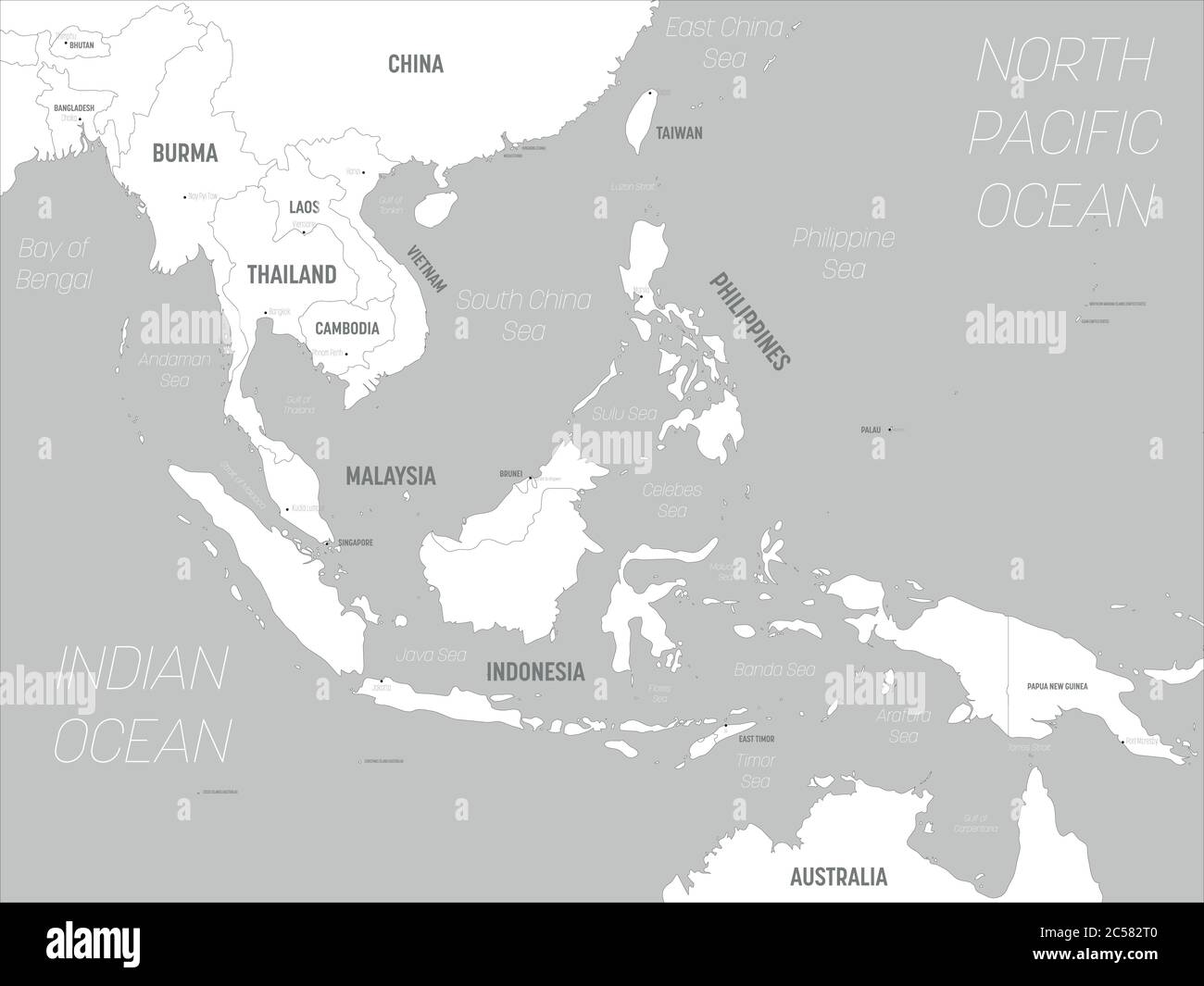 Southeast Asia map - white lands and grey water. High detailed political map of southeastern region with country, capital, ocean and sea names labeling. Stock Vector