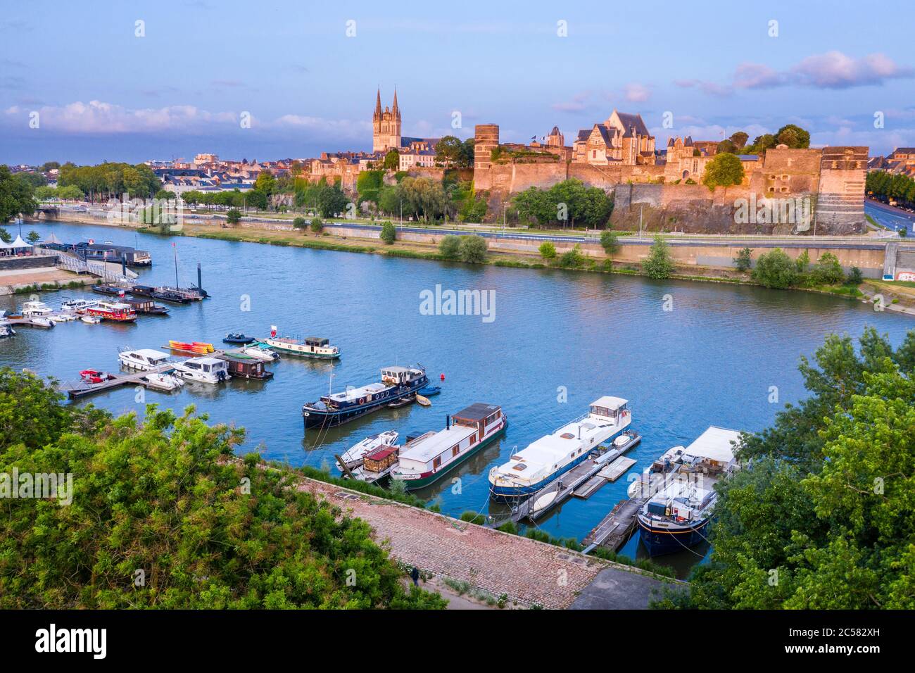 France, Maine et Loire, Angers, Port de la Savatte on the Maine River and the Chateau d'Angers (aerial view) // France, Maine-et-Loire (49), Angers, c Stock Photo