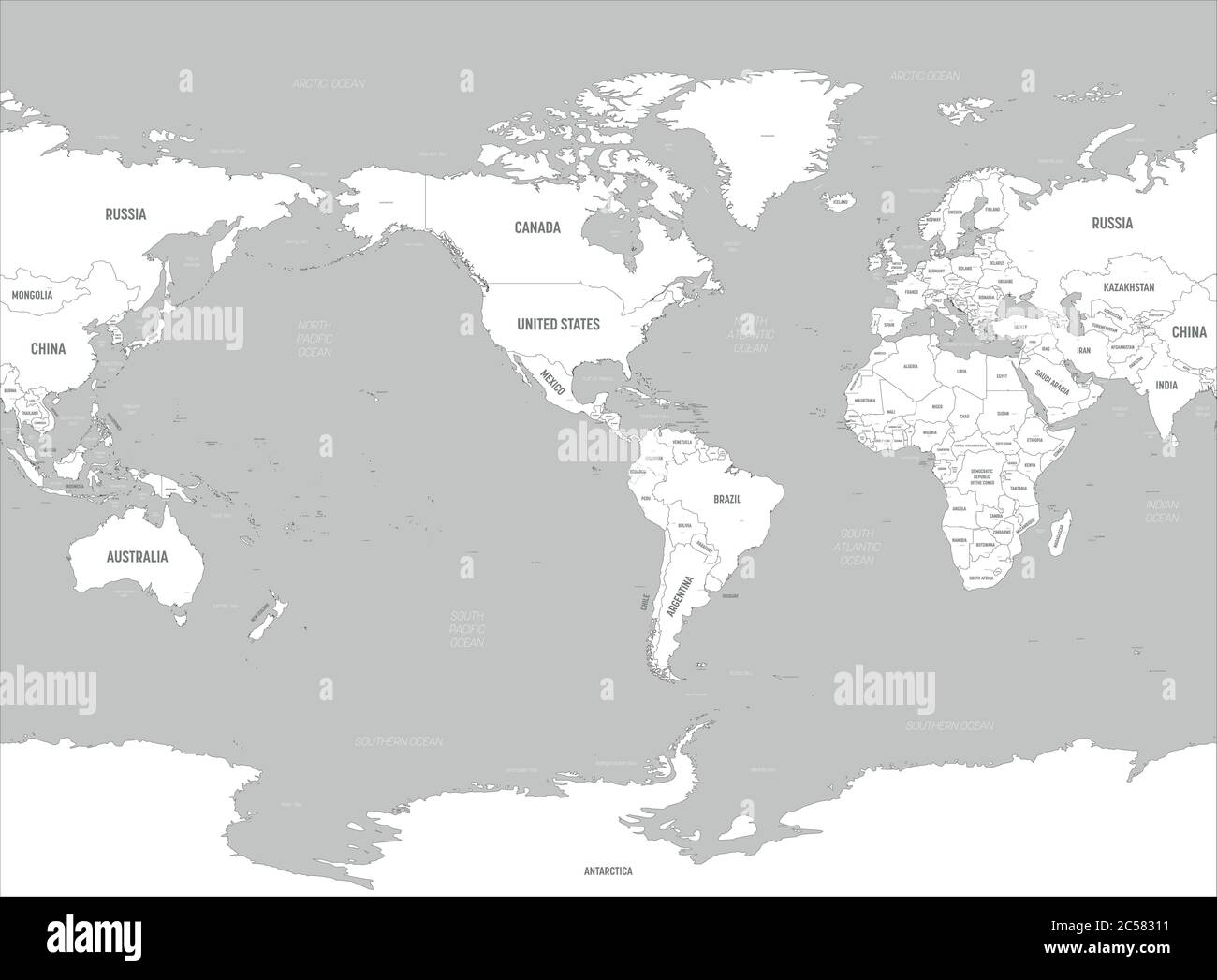 World Water Map Labeled World Map - America Centered. White Lands And Grey Water. High Detailed  Political Map Of World With Country, Capital, Ocean And Sea Names Labeling  Stock Vector Image & Art - Alamy