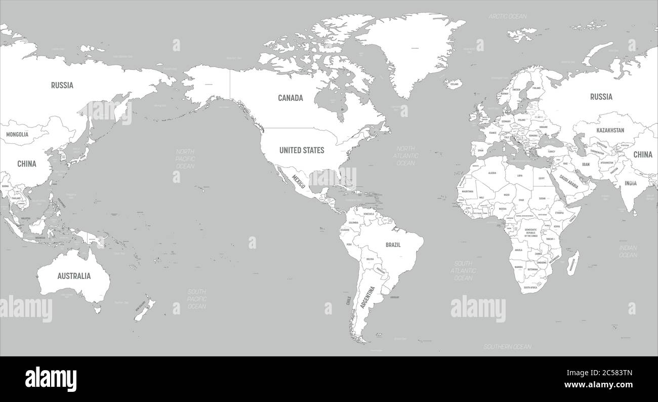 America Centric World Map World Map - America Centered. White Lands And Grey Water. High Detailed  Political Map Of World With Country, Capital, Ocean And Sea Names Labeling  Stock Vector Image & Art - Alamy