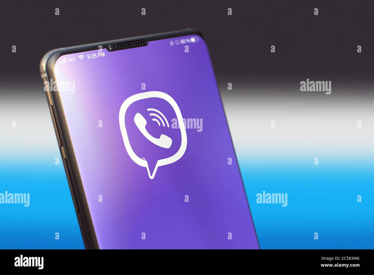 KYIV, UKRAINE-JUNE, 2020: Viber Mobile Application on the Smart Phone Screen. CloseUp Studio Shot of Smartphone with Viber Application. Stock Photo